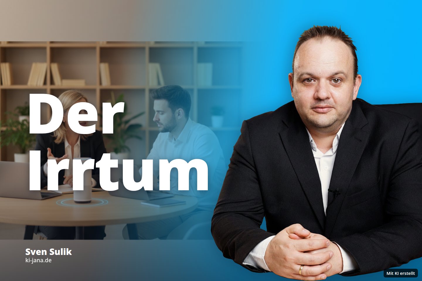 Eine Frau und ein Mann besprechen sich in einem Büro, arbeiten an Laptops und nutzen einen Sprachassistenten.
