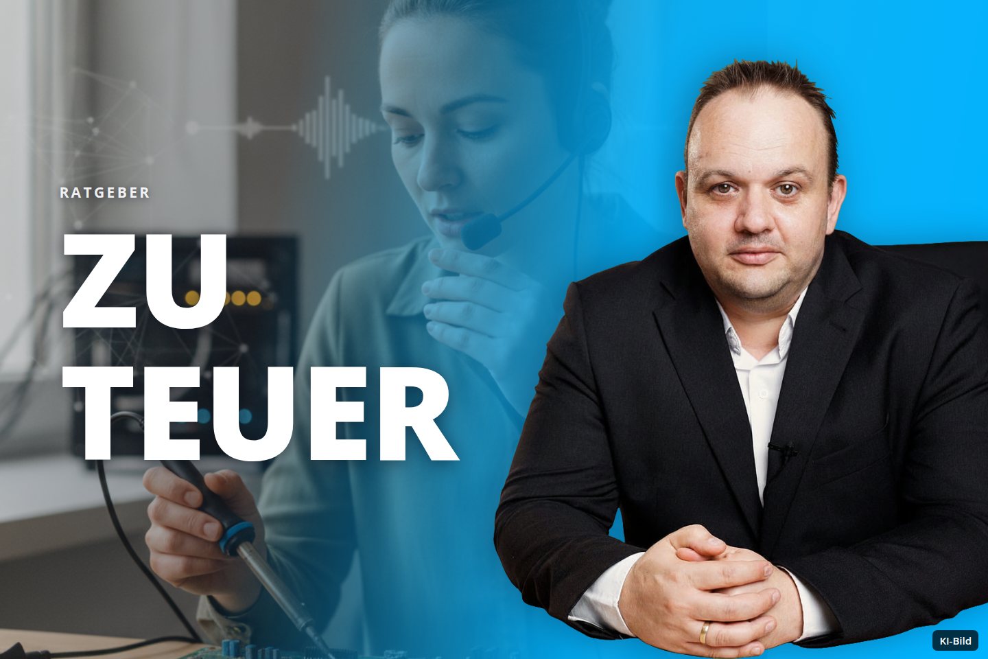 Eine Frau lötet eine Platine an einem Schreibtisch, trägt ein Headset und spricht.