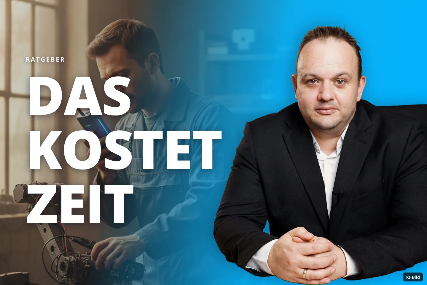 Ein Mann in Arbeitskleidung arbeitet in einer Werkstatt an einem Roboterarm und hält ein Gerät.