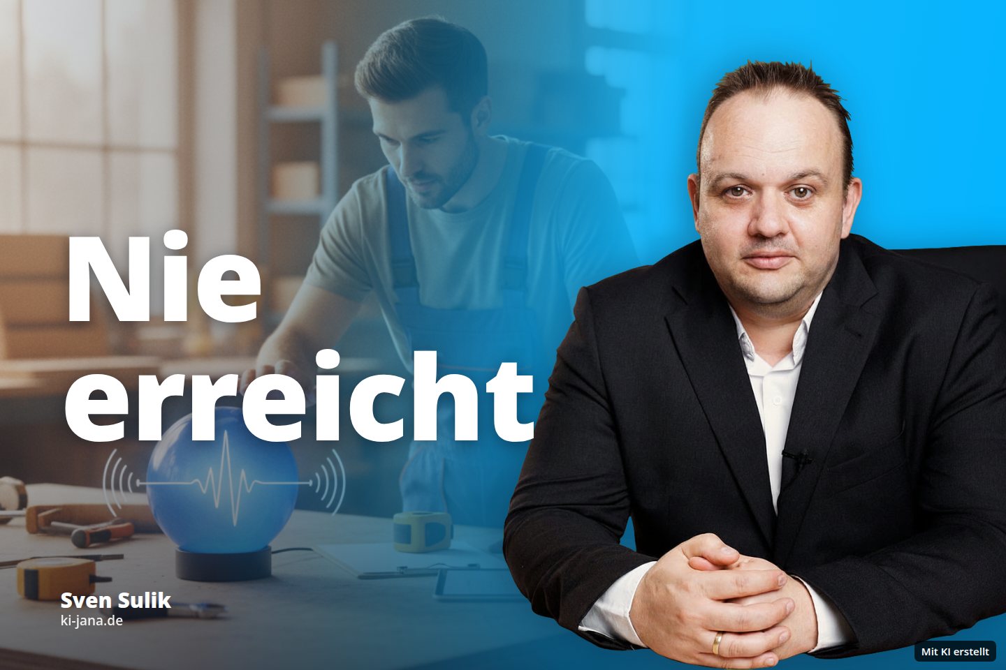 Ein Handwerker bedient in seiner Werkstatt eine leuchtende Kugel und ein Tablet.