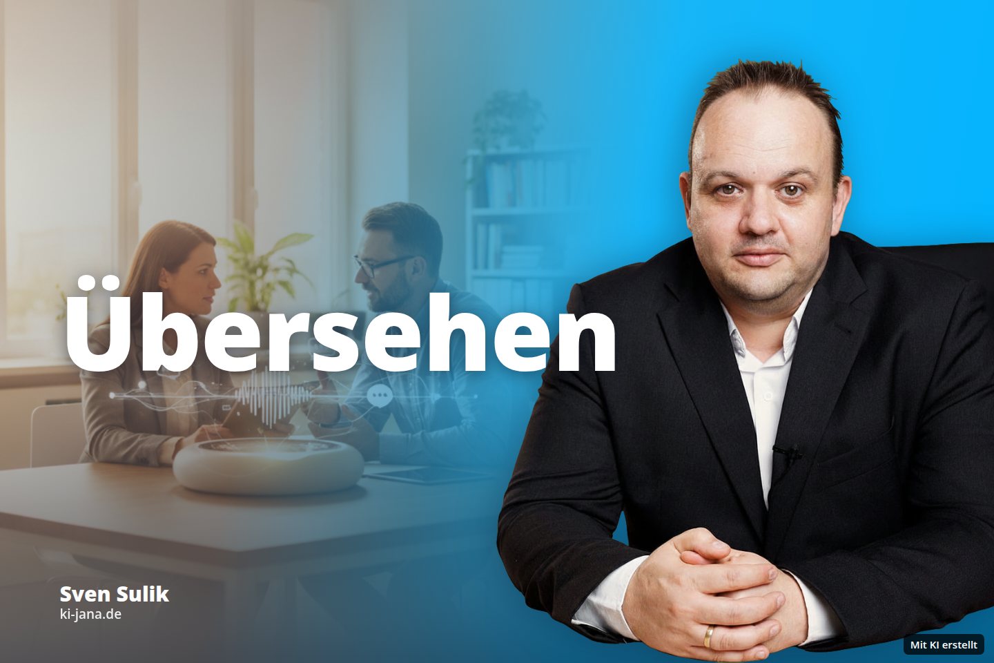 Zwei Personen führen ein Gespräch in einem Büro an einem Tisch mit einem Aufnahmegerät.