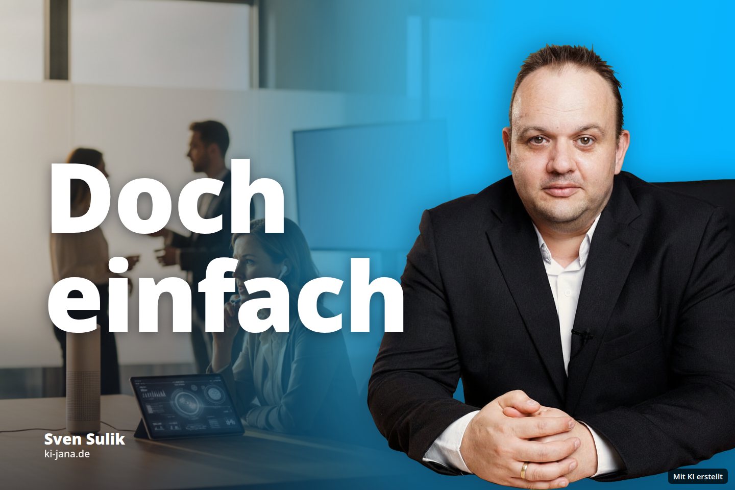 Eine Frau arbeitet am Tablet und spricht, während Kollegen im hellen Büro diskutieren.