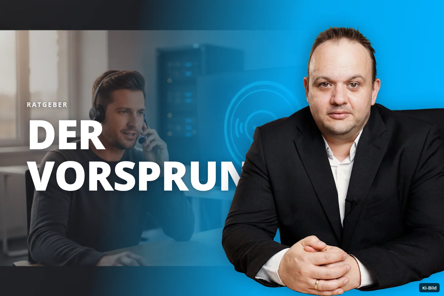 Ein Mann mit Headset telefoniert an einem Computer in einem Büro mit Serverschränken.