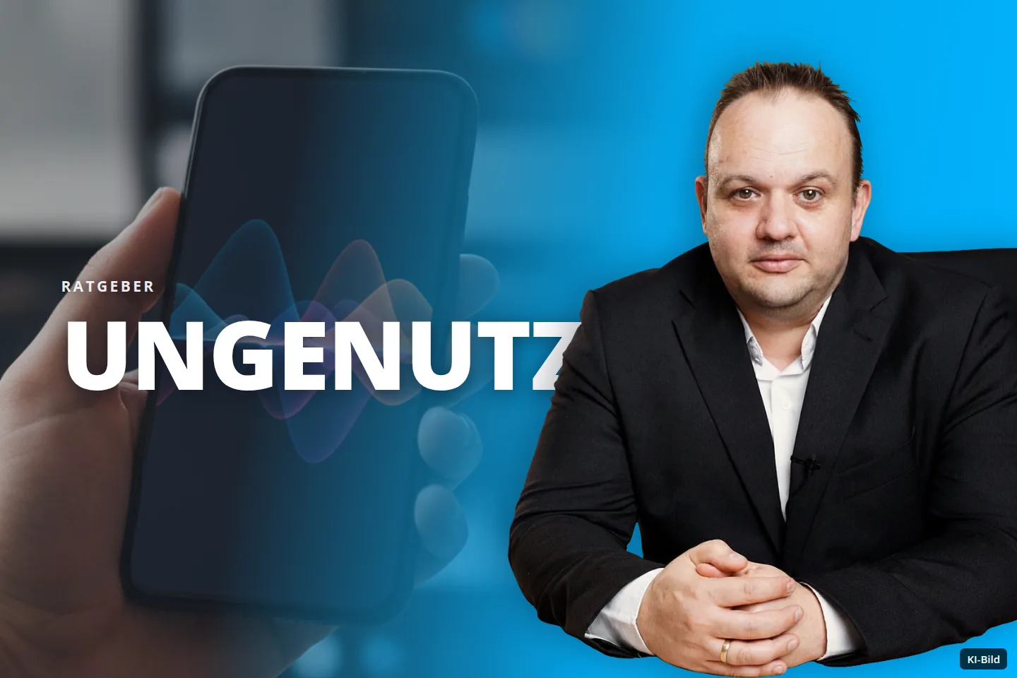 Eine Hand hält ein Smartphone mit Wellenform-Anzeige in einer Büroumgebung.