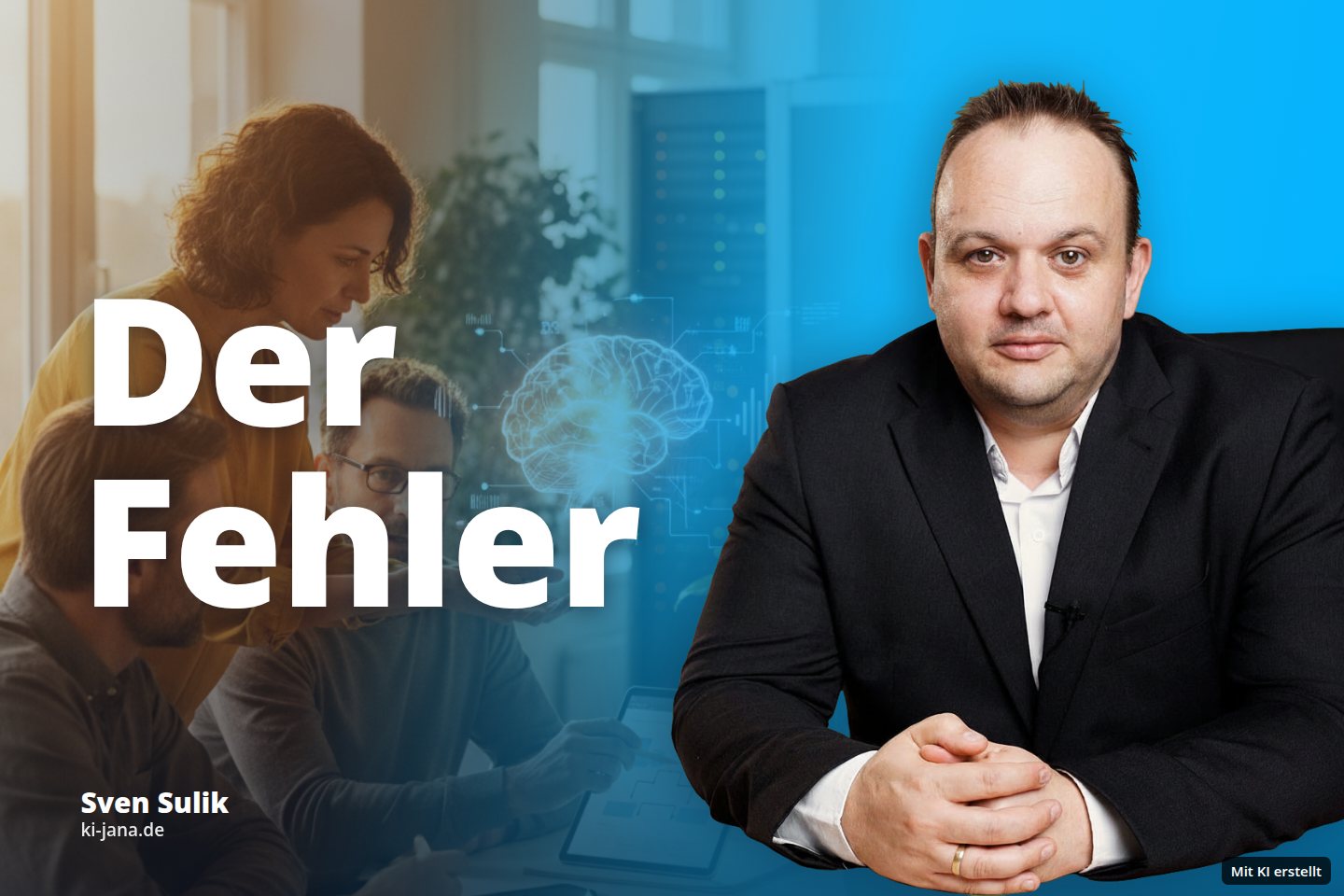 Drei Personen besprechen im Büro Daten auf einem Tablet mit einer KI-Gehirn-Projektion.