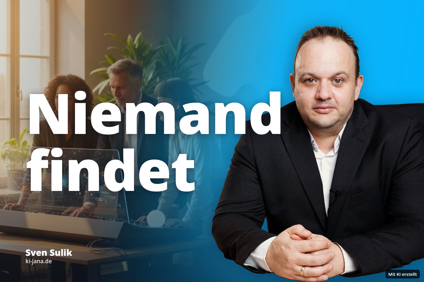 Drei Personen bedienen eine futuristische Konsole mit transparentem Display im Büro.