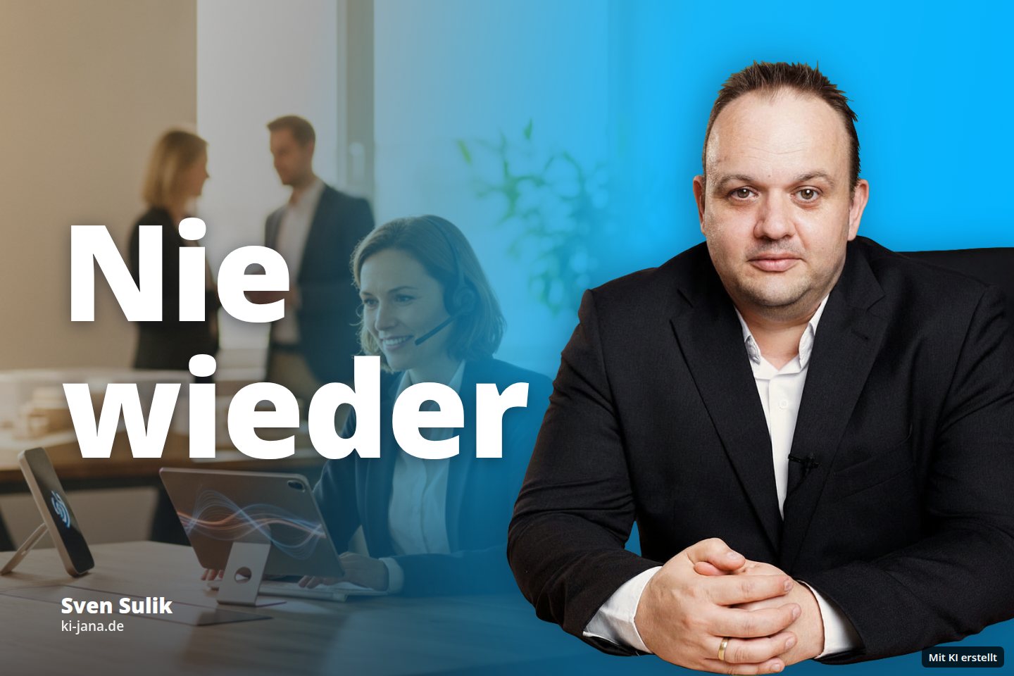 Eine Frau mit Headset arbeitet am Tablet im Büro; im Hintergrund unterhalten sich zwei Personen.
