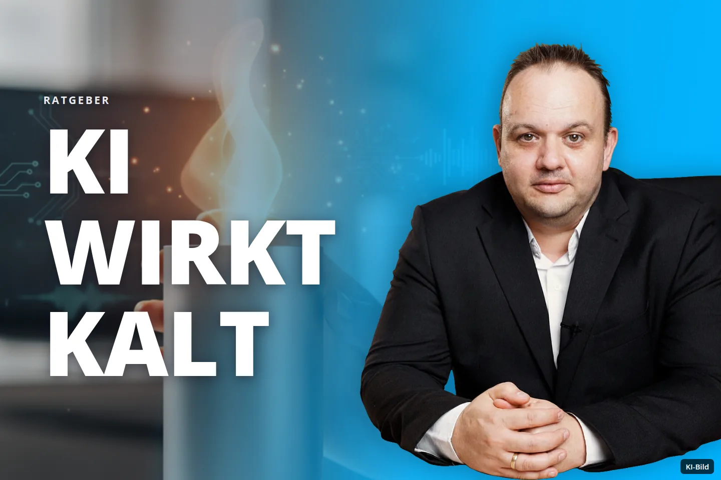 Eine Hand hält ein zylindrisches Gerät mit leuchtender Flamme und digitalen Elementen auf einem Schreibtisch.