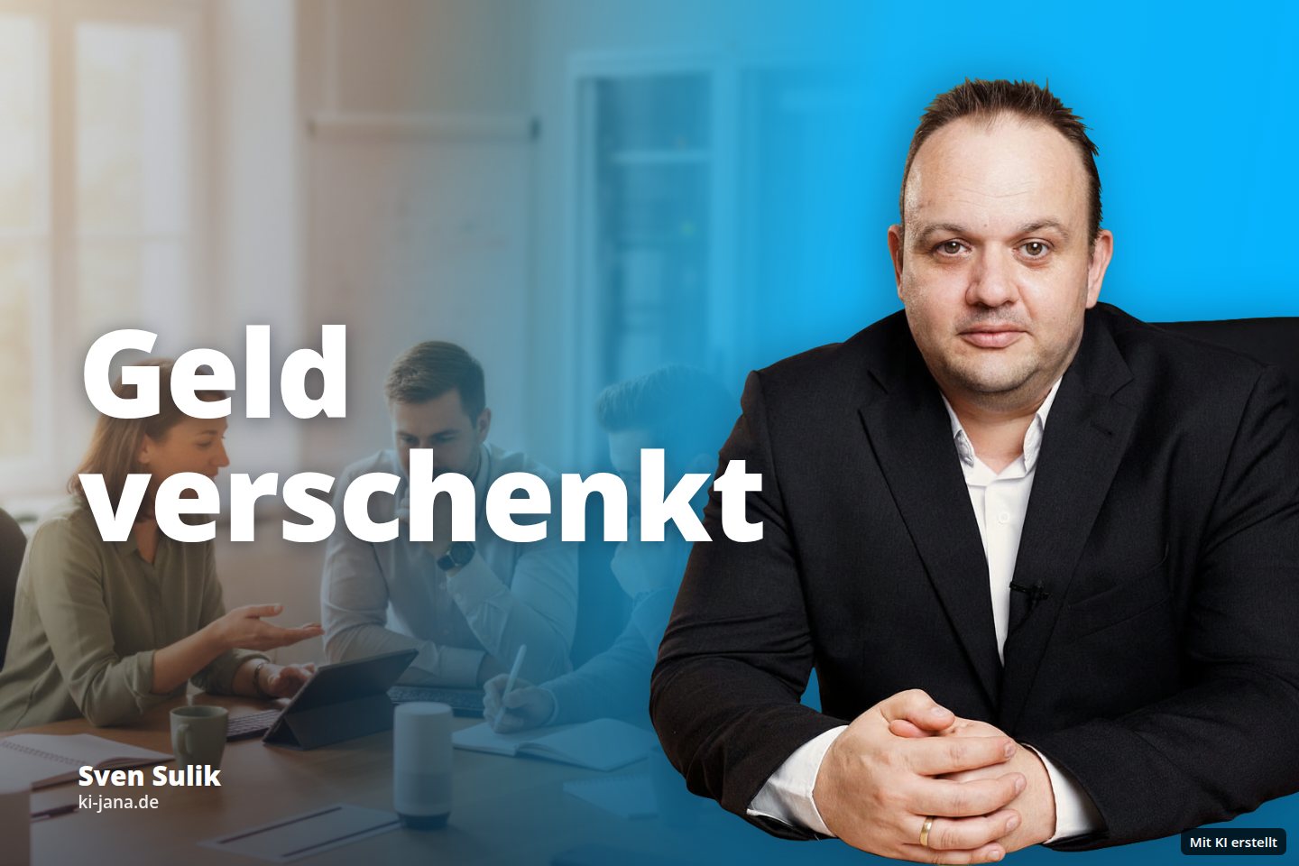 Drei Personen besprechen sich an einem Holztisch in einem hellen Besprechungsraum.