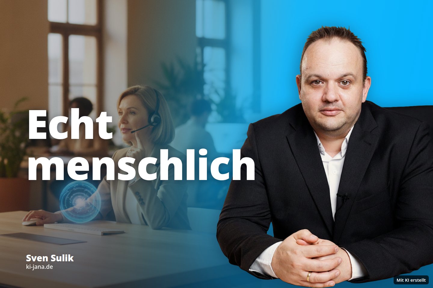 Eine Frau mit Headset arbeitet an einem Computer in einem Büro, während andere im Hintergrund tätig sind.