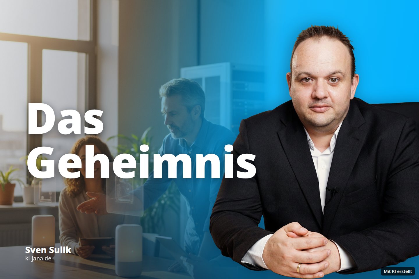 Drei Personen besprechen in einem modernen Büro mit Tablets und holografischen Anzeigen technische Inhalte.