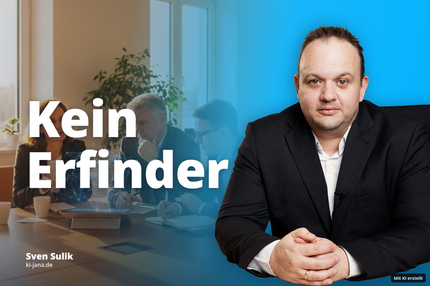Drei Geschäftsleute besprechen in einem sonnigen Büro ein Tablet mit Hologramm.