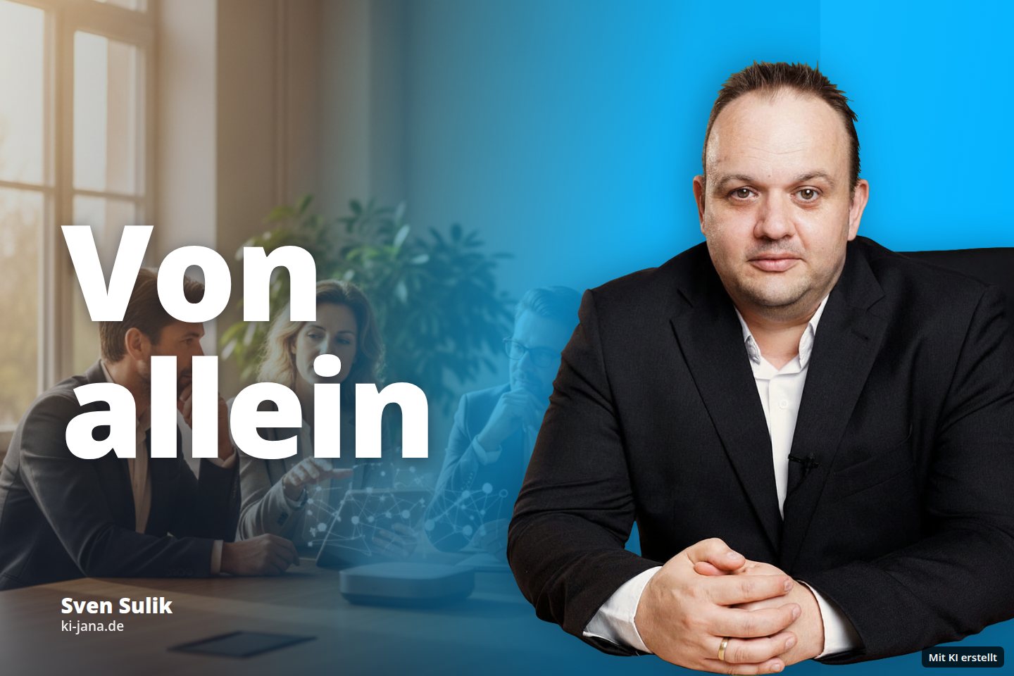 Vier Geschäftsleute besprechen in einem Konferenzraum eine holografische Projektion.