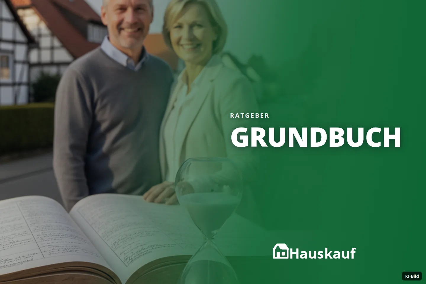 Ein lächelndes Paar steht im Freien hinter einem alten Buch und einer Sanduhr.