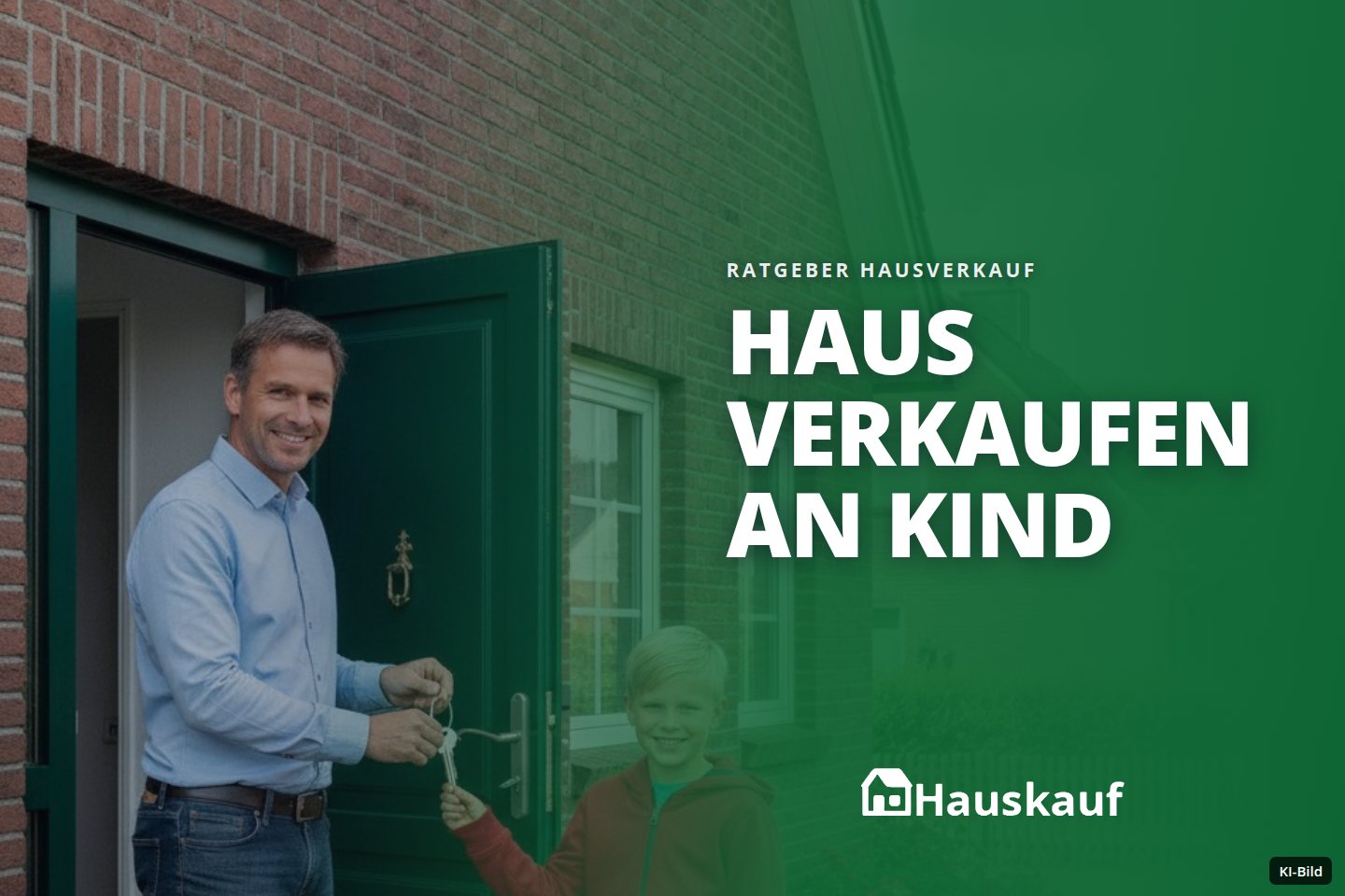 Ein Mann übergibt einem lächelnden Jungen Schlüssel vor der grünen Tür eines Hauses.