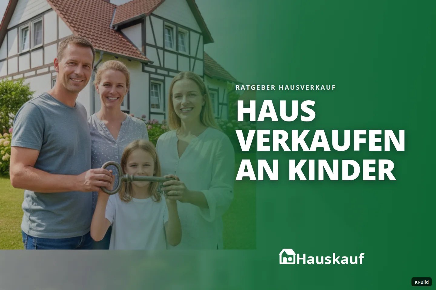 Eine lächelnde Familie hält einen großen Schlüssel vor einem Haus im Garten.
