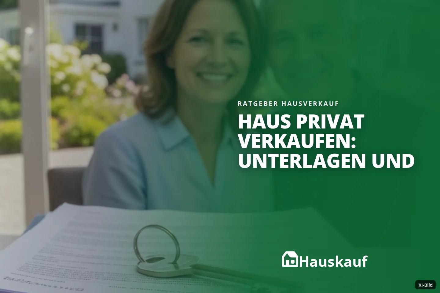 Lächelndes Paar mit Hausdokumenten und Schlüssel vor einem Haus.