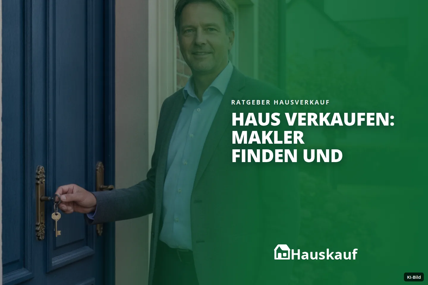 Ein lächelnder Mann steckt einen Schlüssel in die blaue Haustür eines Hauses mit Garten.