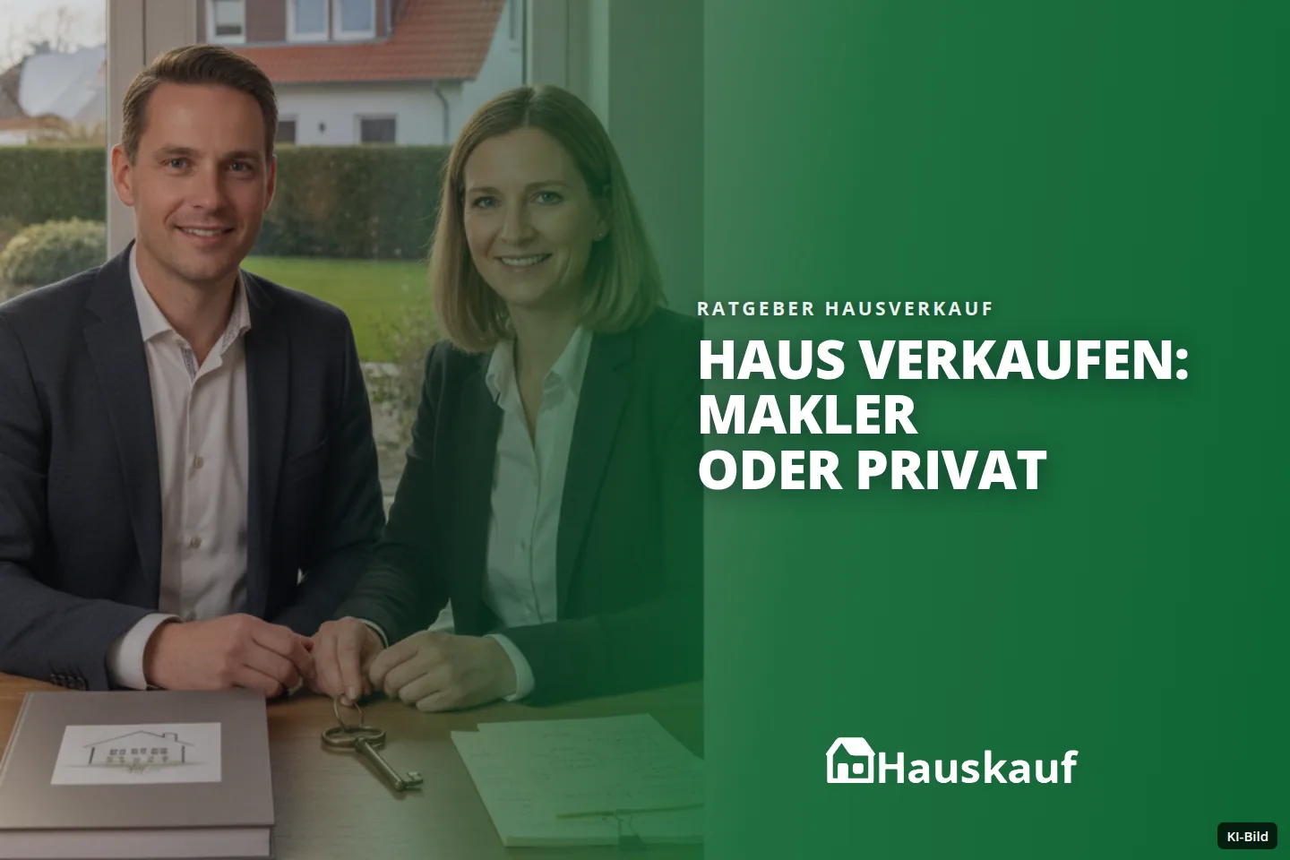 Zwei Personen sitzen lächelnd am Tisch mit Schlüssel und Dokumenten vor einem Fenster mit Hausblick.