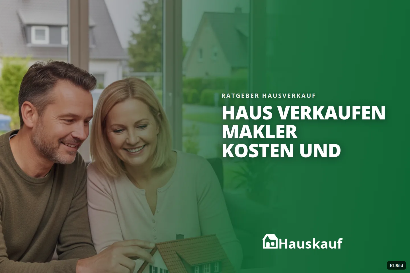 Ein lächelndes Paar betrachtet ein Modellhaus und Geldscheine an einem Tisch vor einem Fenster mit Häuserblick.