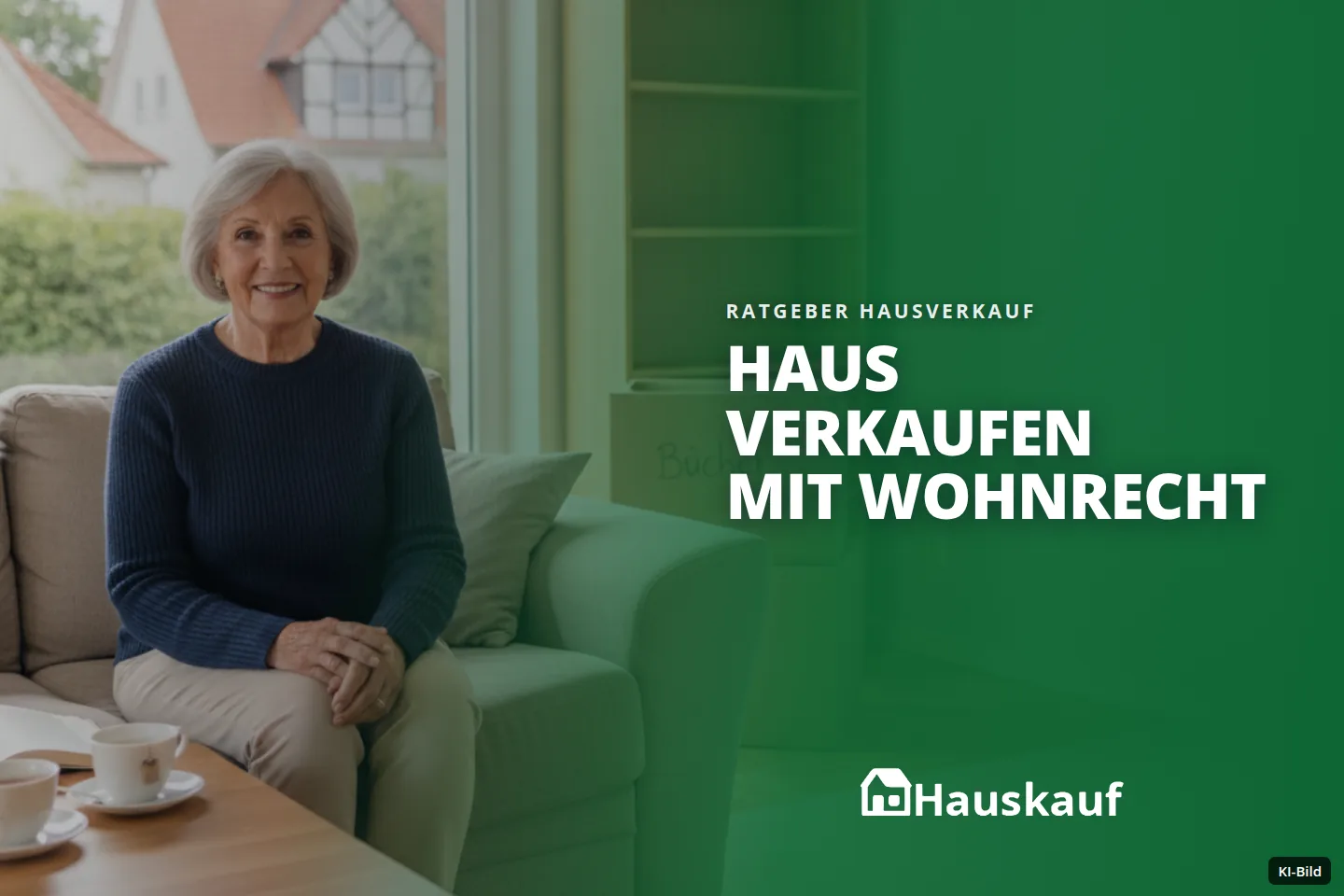 Eine lächelnde Seniorin sitzt in einem Wohnzimmer mit Umzugskartons und einem Regal.