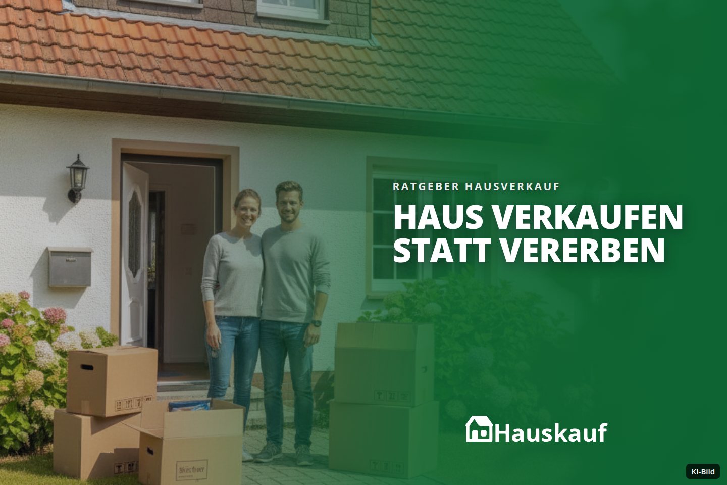 Zwei Personen besprechen Dokumente an einem Tisch in einem Büro, mit einem Haus-Umriss im Hintergrund.