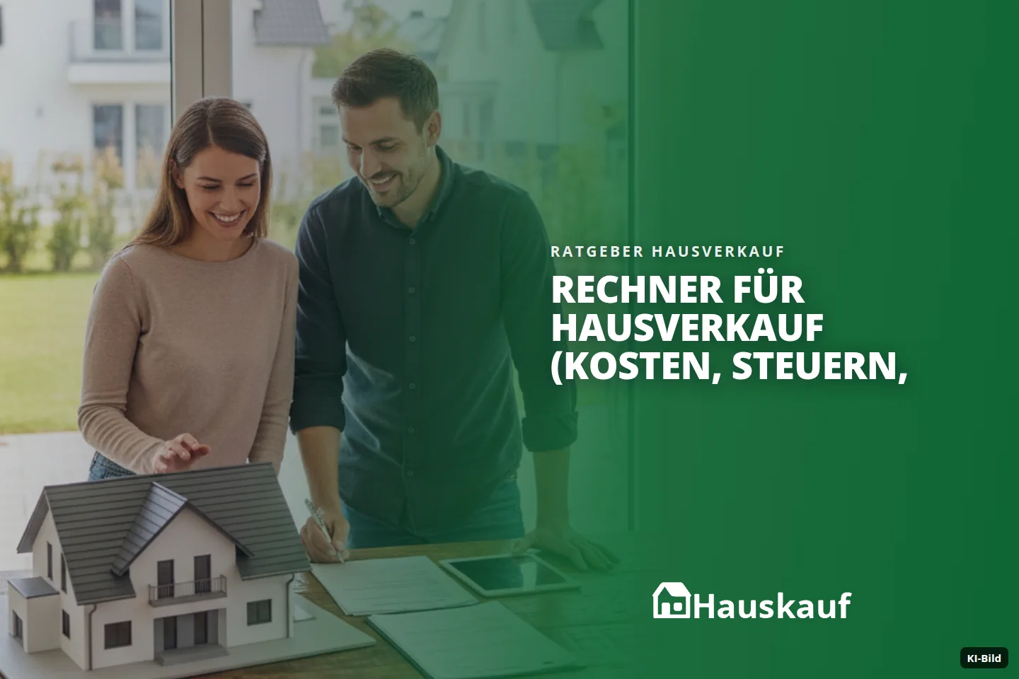 Ein Paar unterschreibt Verträge an einem Holztisch, mit einem Hausmodell und Blick auf Häuser.