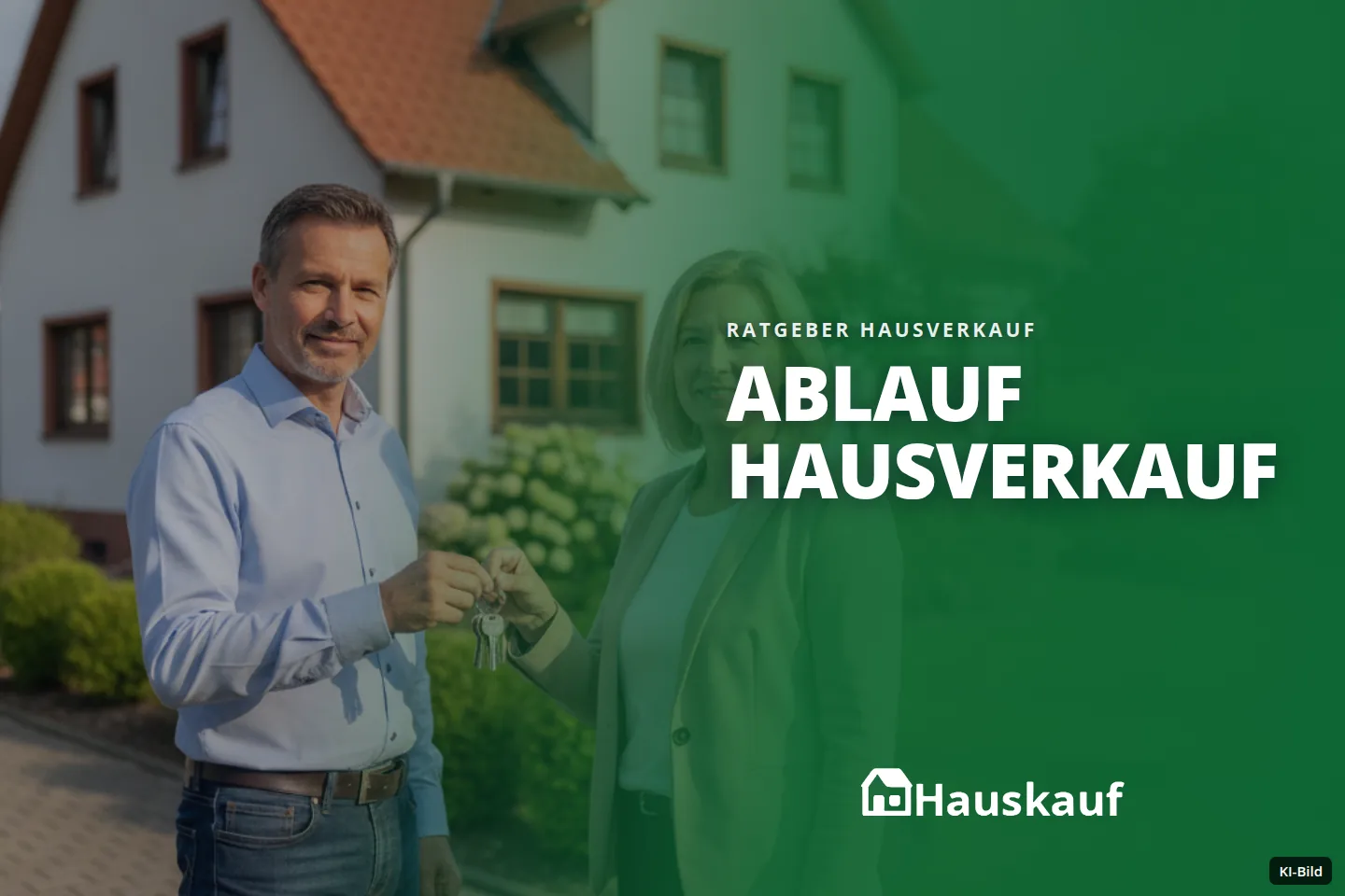 Ein Mann übergibt einer Frau vor einem Haus Schlüssel.