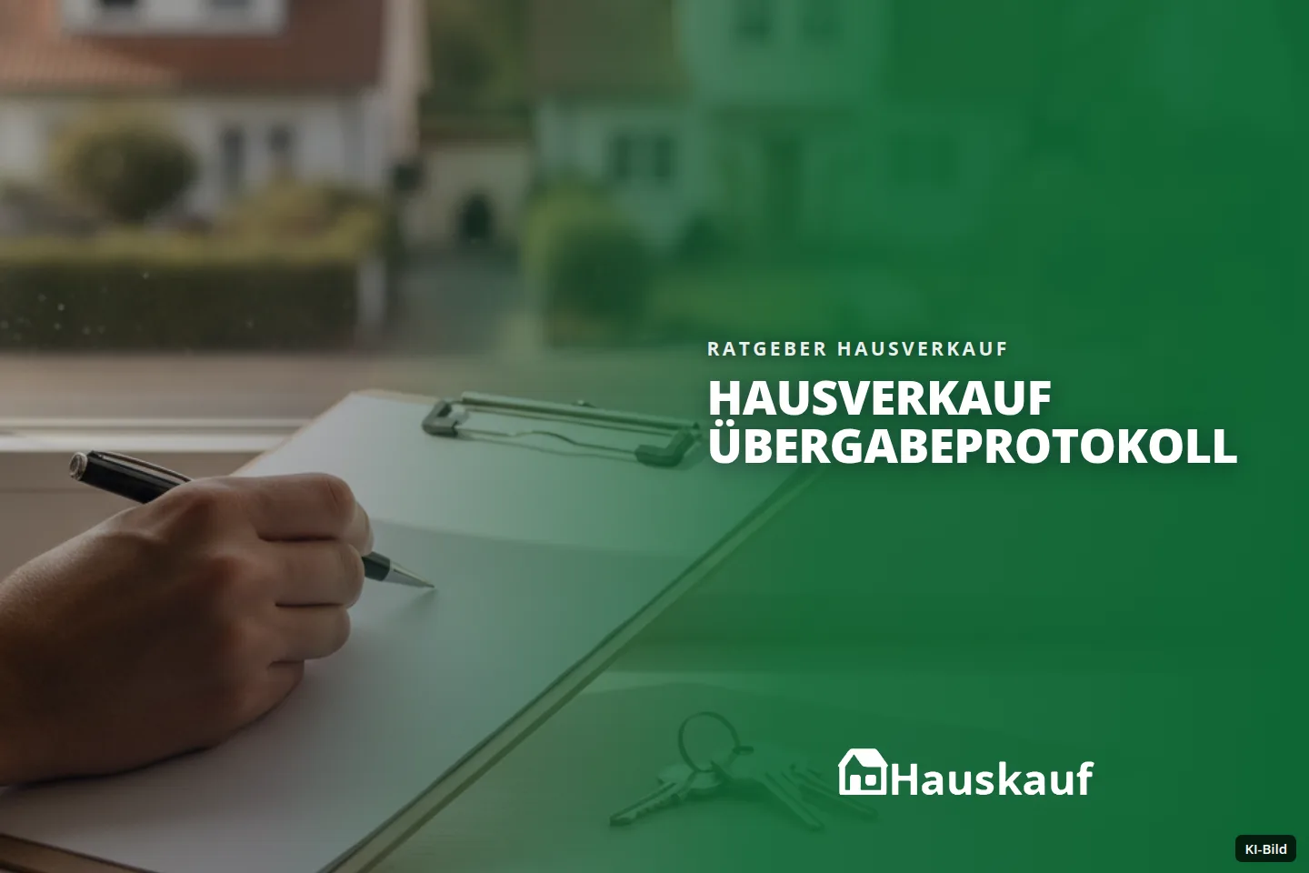 Eine Hand schreibt auf einem Klemmbrett auf einer Fensterbank mit Schlüsseln, vor Häusern.