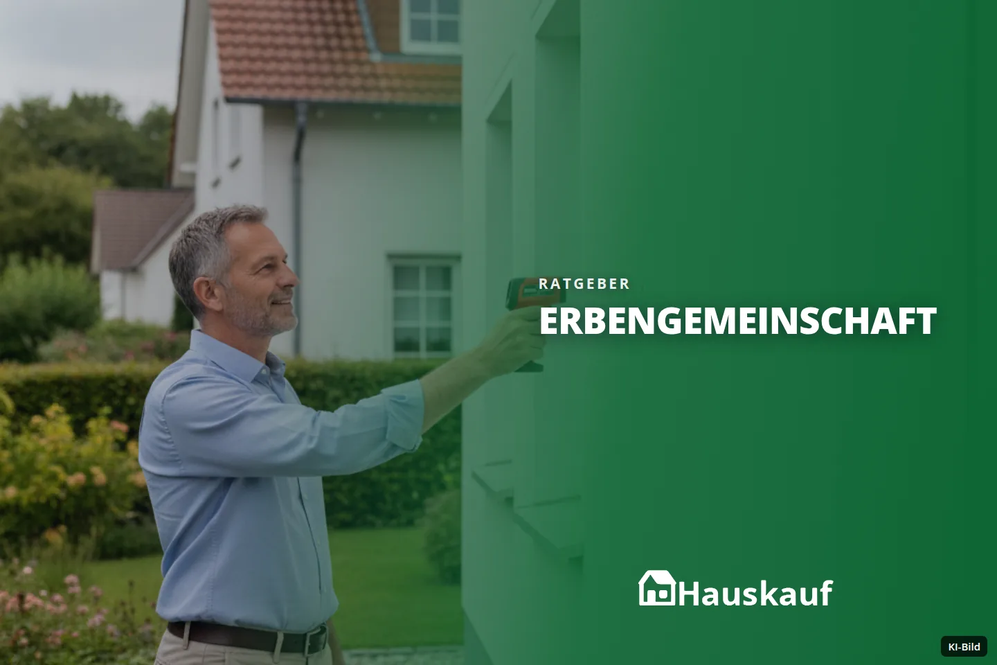 Ein Mann misst mit einem Messgerät eine Hauswand vor einem Haus im Garten.