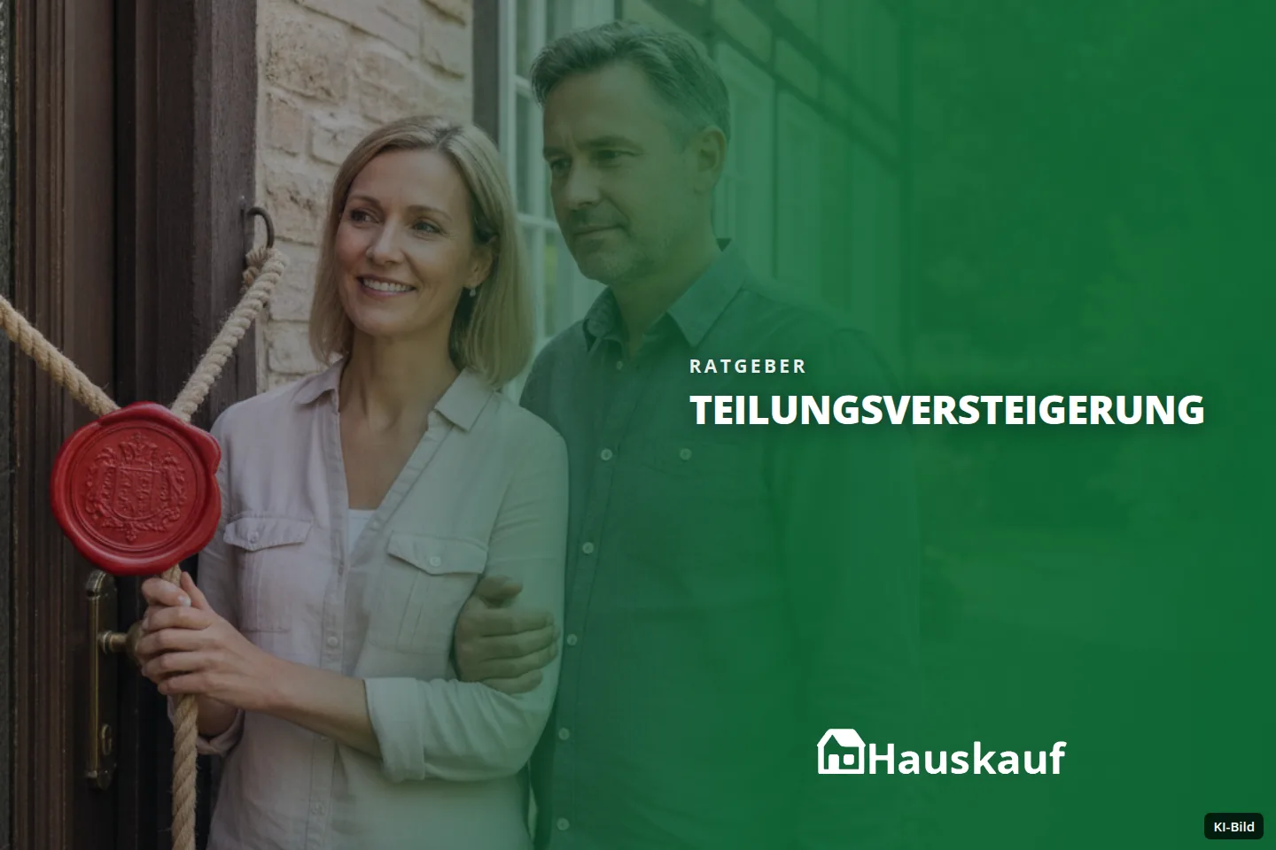 Ein Paar steht vor einem Fachwerkhaus, hält ein versiegeltes Seil und blickt zur Seite.