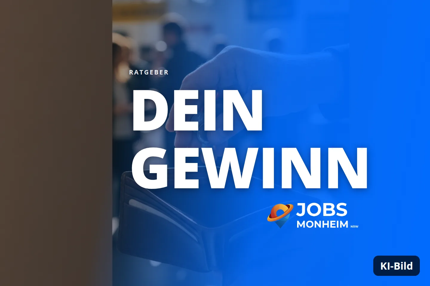 Eine Hand legt Münzen in eine leere Geldbörse, im Hintergrund sind unscharfe Personen.