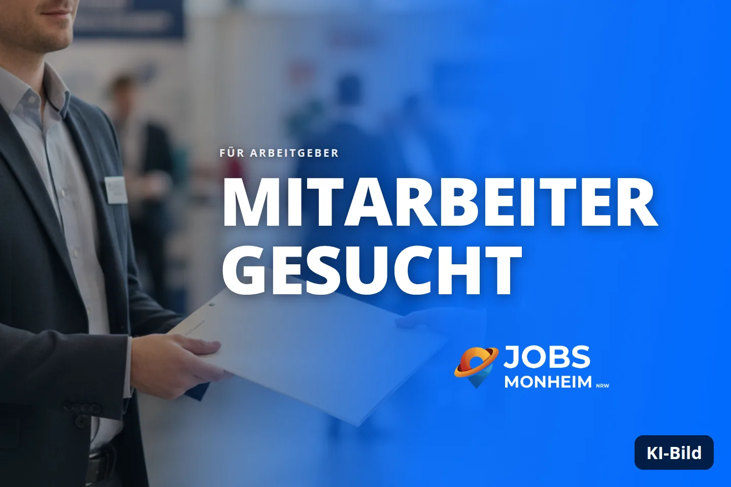 Ein lächelnder Mann übergibt einer Person auf einem Geschäftsevent eine Mappe.