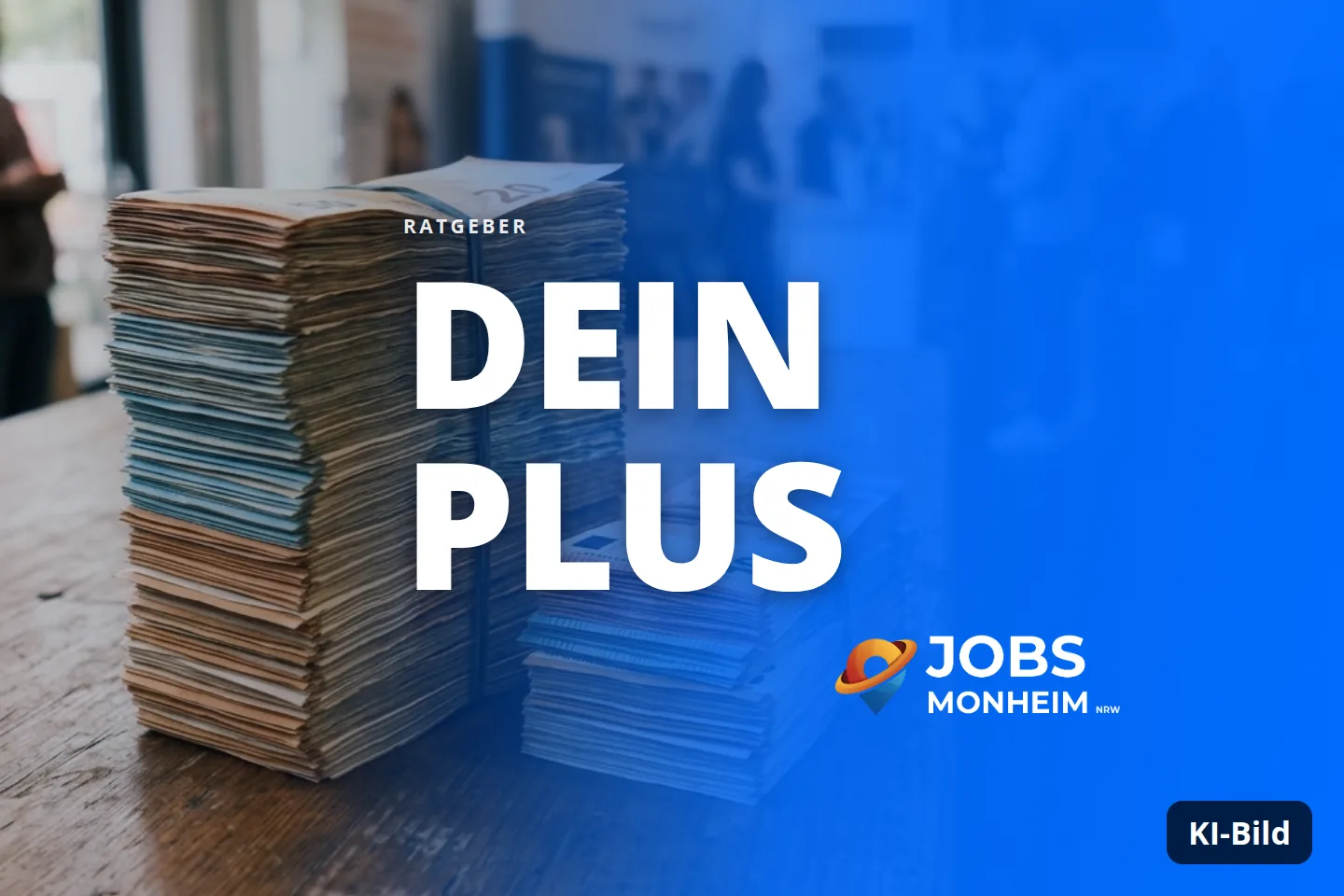 Euro-Banknotenstapel auf Holztisch, im Hintergrund unscharfe Personen in einem Veranstaltungsraum.