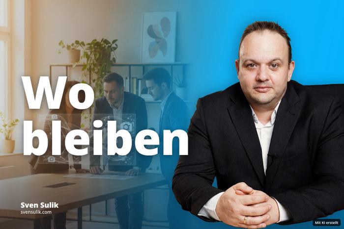 Drei Geschäftsleute besprechen in einem Büro ein Projekt mit holografischen Kamera-Symbolen.